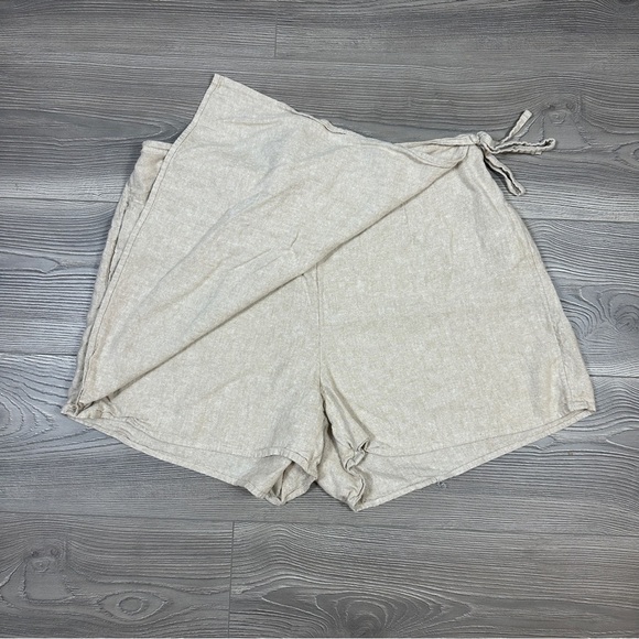 Beige Wrap Front Skort Shorts Mini Linen Look Tie Side Summer Resortwear - Picture 2 of 3
